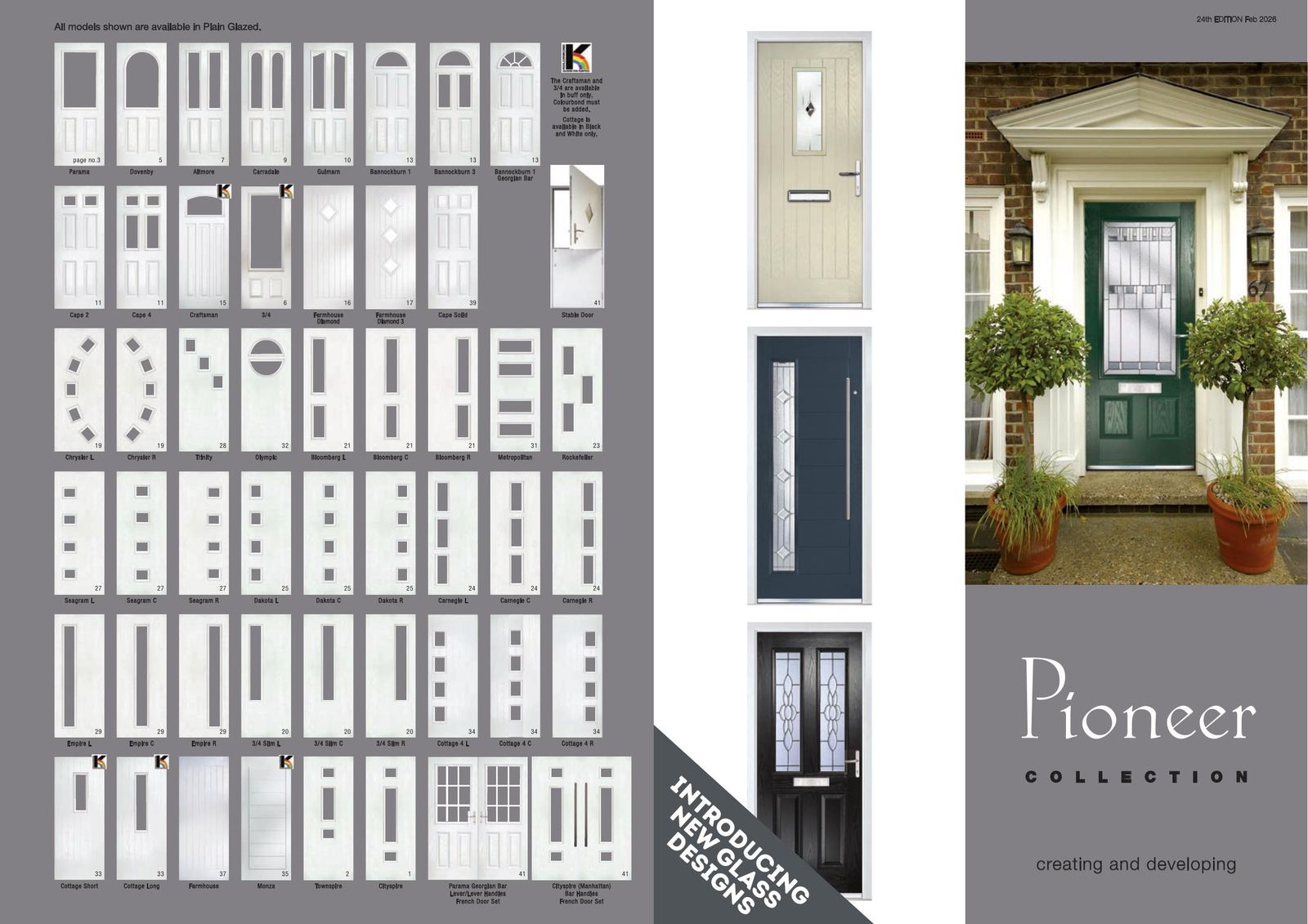 Pioneer composite door collection by North East Panels — brochure cover showing feature door designs