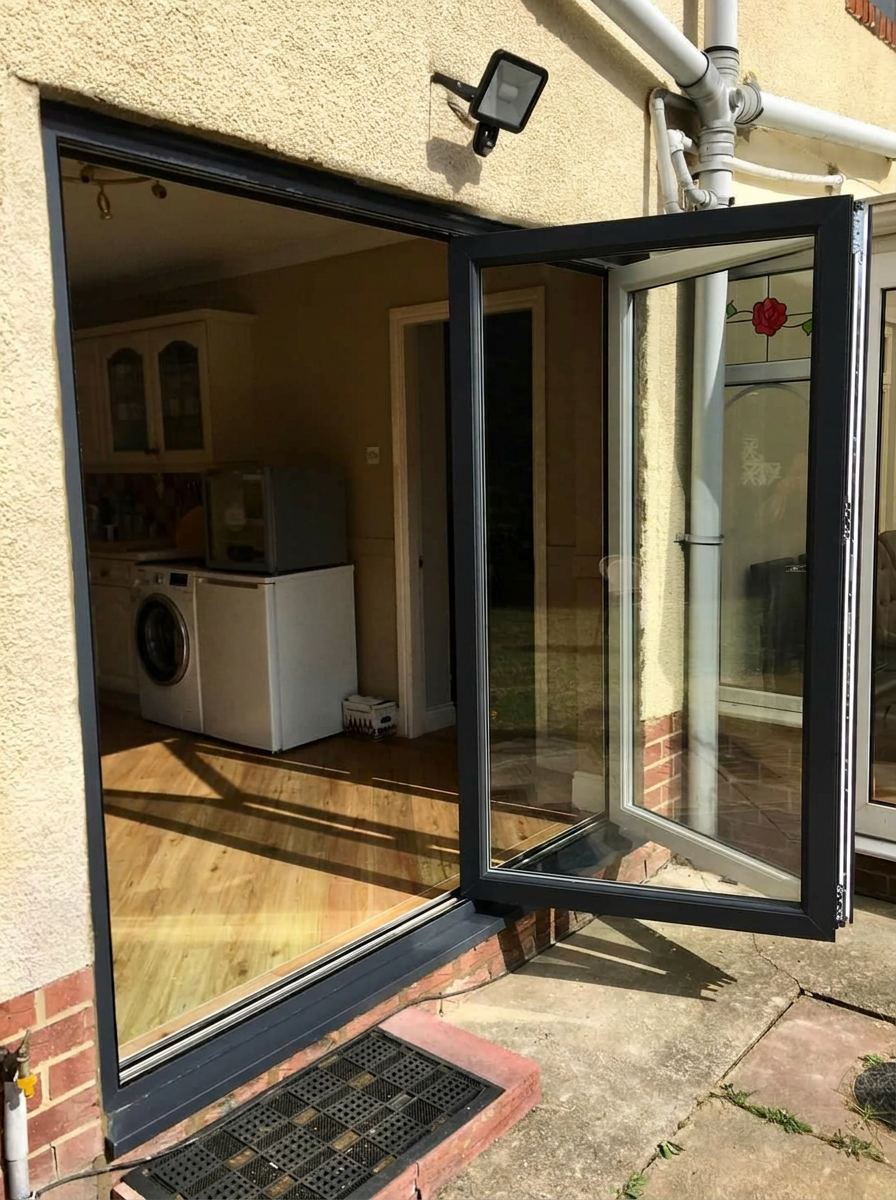 Anthracite grey aluminium bi-fold door open onto patio — Window Centre Plus